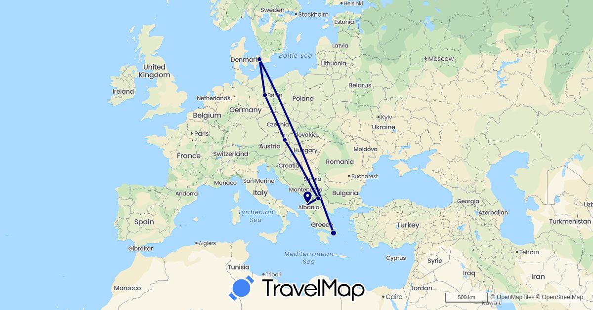 TravelMap itinerary: driving in Albania, Austria, Germany, Denmark, Greece, Macedonia (Europe)
